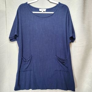 Lagenlook Tunic Top Shirt Mature Blue Linen Blend Pockets Artsy Loose Flowy